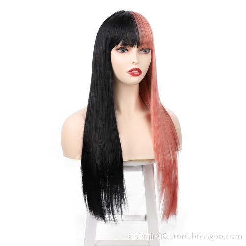 Aisi Hair Fiber Afro High Quality Cheap Straight Mixed Color Pink Black Long Heat Resistant Synthetic Hair Wigs